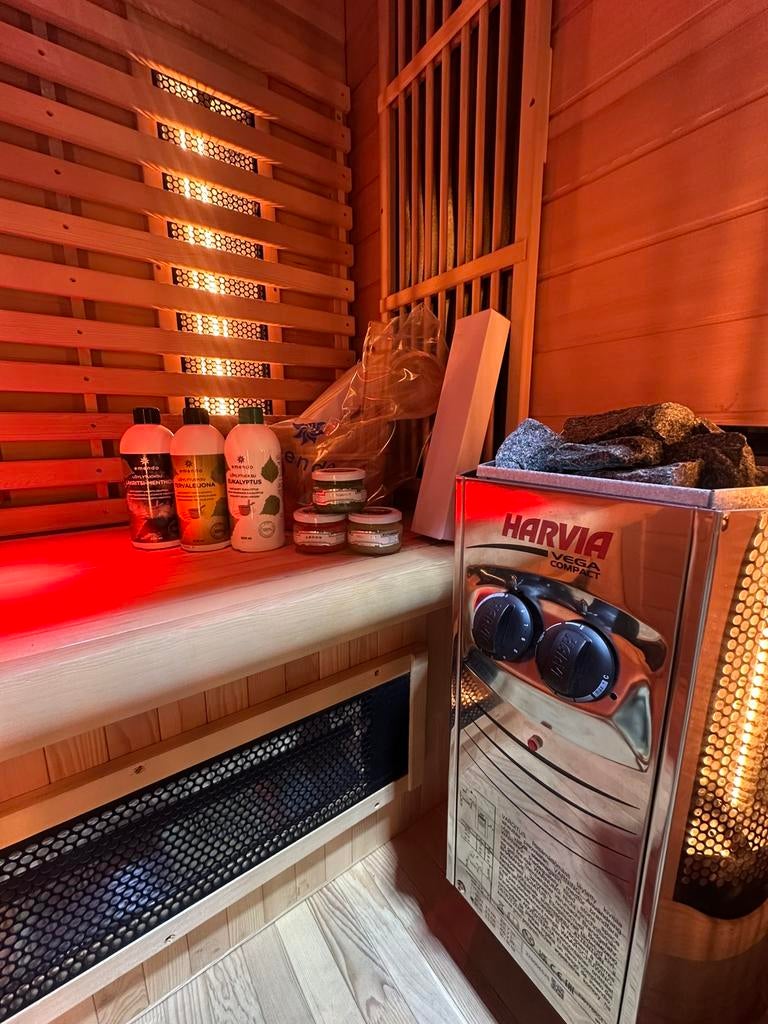 COMBI SAUNA INFRAROOD MET OPGIETKACHEL GRATIS BEZORGD! 🚚, Ophalen of Verzenden, Zo goed als nieuw, Fins of Traditioneel, Complete sauna