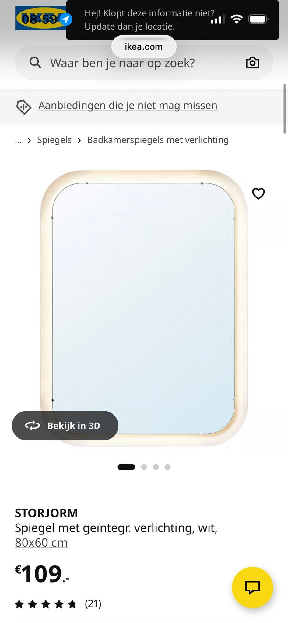 IKEA Storjorm Badkamerspiegel met Verlichting 80x60 cm, Ophalen, Gebruikt, 75 tot 100 cm, Minder dan 100 cm