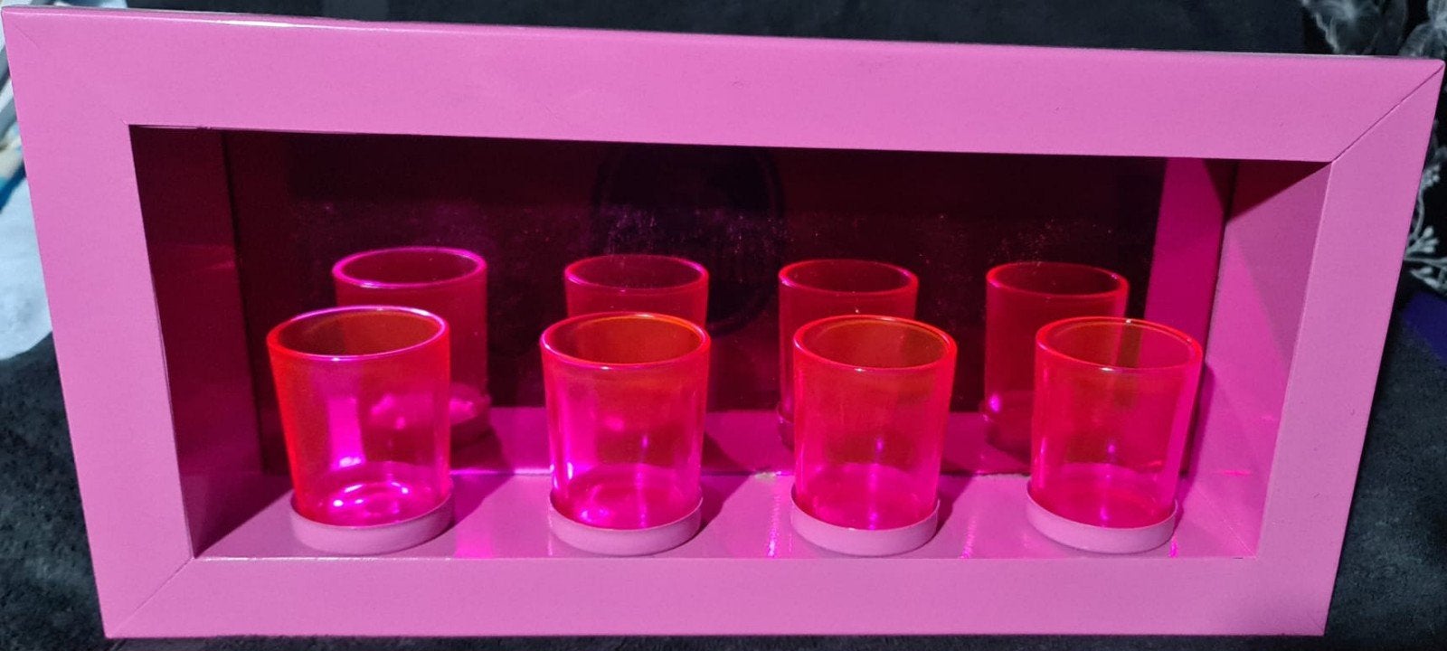 Roze waxinelichthouder met Spiegel binnenzijde, 4 kaarsjes, Waxinelichthouder, Ophalen of Verzenden, Zo goed als nieuw, Roze