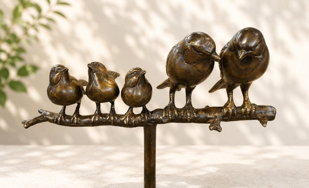 5 VOGELS OP TAK / FAMILIE / TUINSTEKER / BRONS