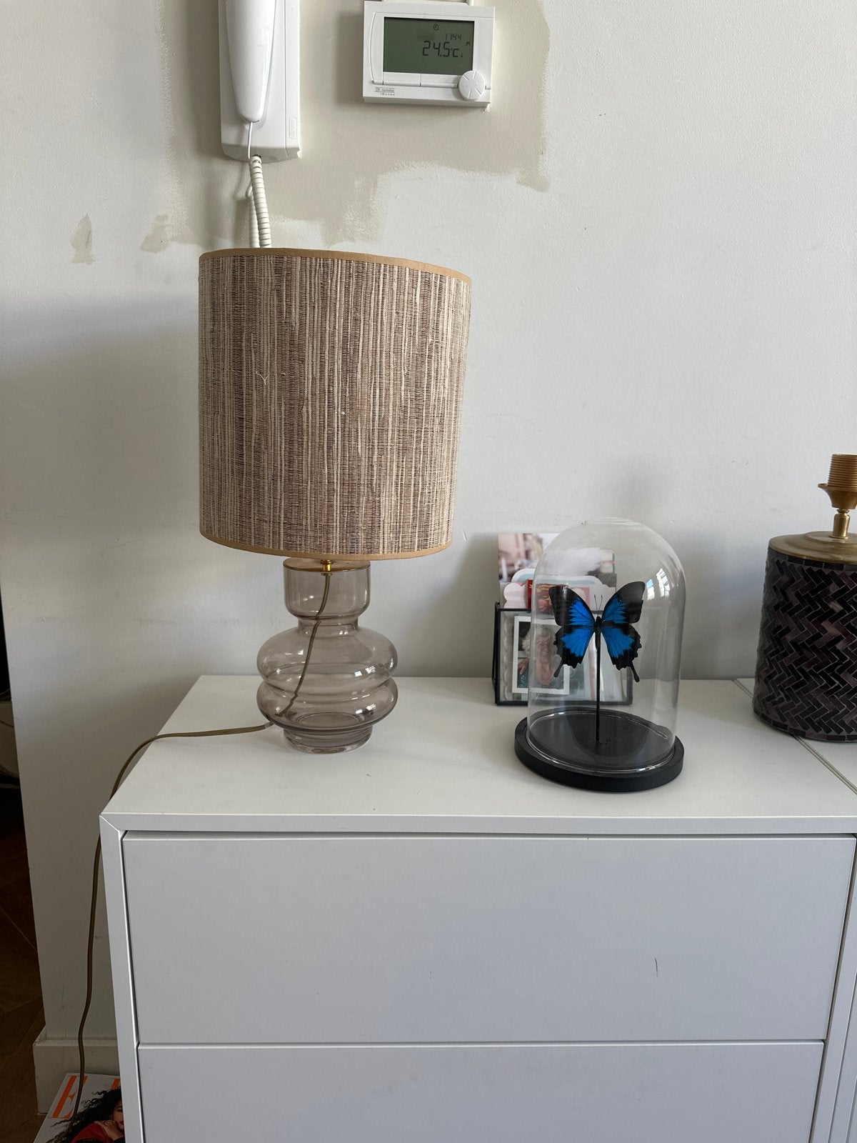 Madame garage-achtige lampvoet met rieten kap, Ophalen, Overige merken, E27 (groot), Met stekker