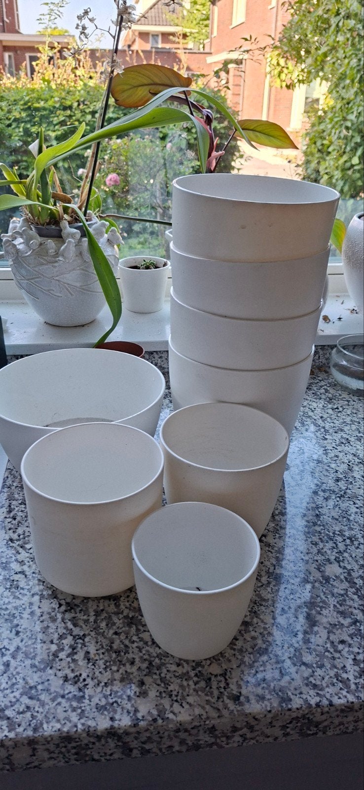Set Elho kunststof witte bloempotten en schaal, Kunststof, Gebruikt, Rond, Ophalen of Verzenden