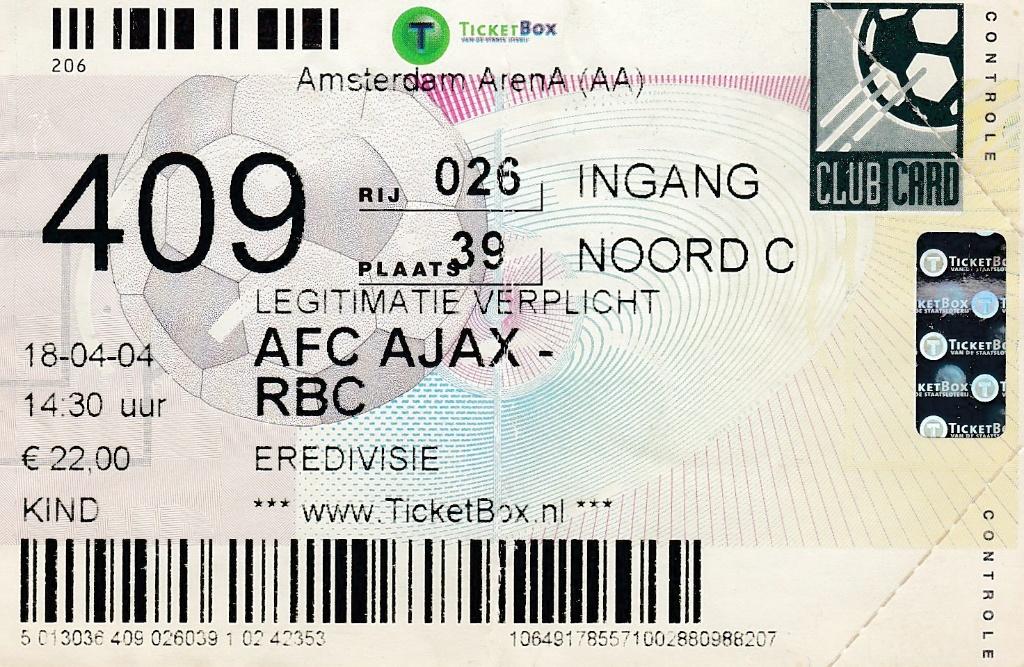Ticket:Ajax v RBC 18-04-2004, Verzenden, Gebruikt, Ajax, Overige typen