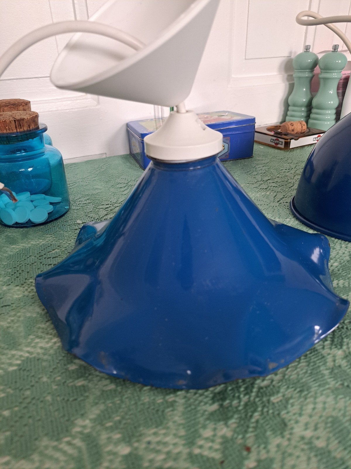 Vintage emaille blauwe hanglamp - Retro design, Antiek en Kunst, Ophalen of Verzenden