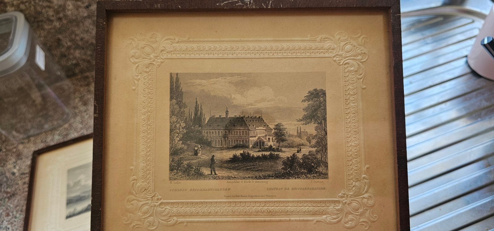 2 antieke staalgravures ca 1840: Lorch & Schloss Reichartsh, Ingelijst, 1800 - 1899, Ophalen of Verzenden, Gravure