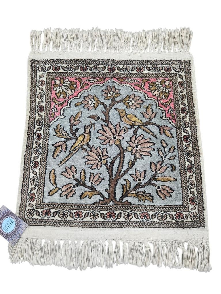 Handmade oriental silk Kashmir carpet floral Birds 47x52cm
