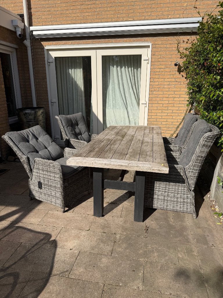 Tuinset met teakhouten tafel en 4 verstelbare stoelen, Tuin en Terras, Ophalen, 4 zitplaatsen, Gebruikt, Teakhout