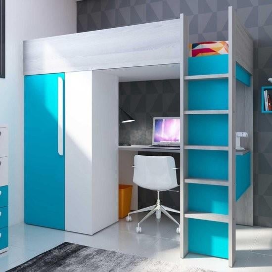 Beau hoogslaper met bureau en kast, Ophalen, 100 cm, Hoogslaper, Eenpersoons