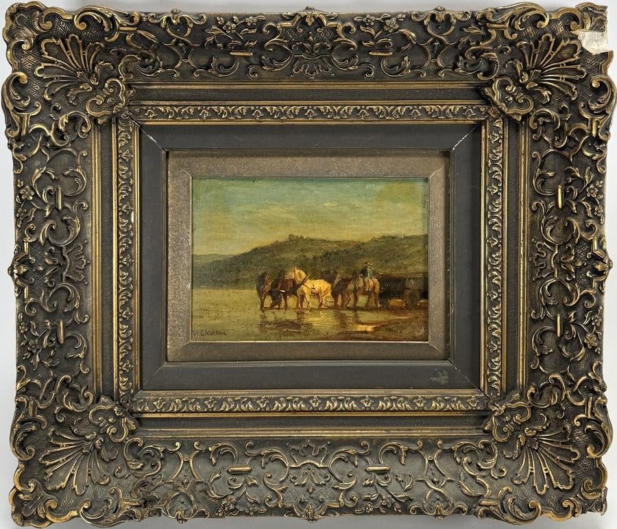 1137. Olieverfschilderij met rustende trekpaarden, Antiek en Kunst, Ophalen of Verzenden