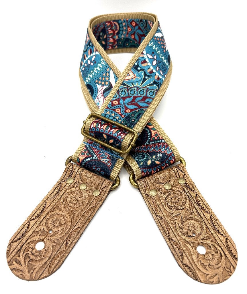 Gitaarband leer stof038 blauw turkois boho aztec LAATSTE, Verzenden, Nieuw, Akoestische gitaar