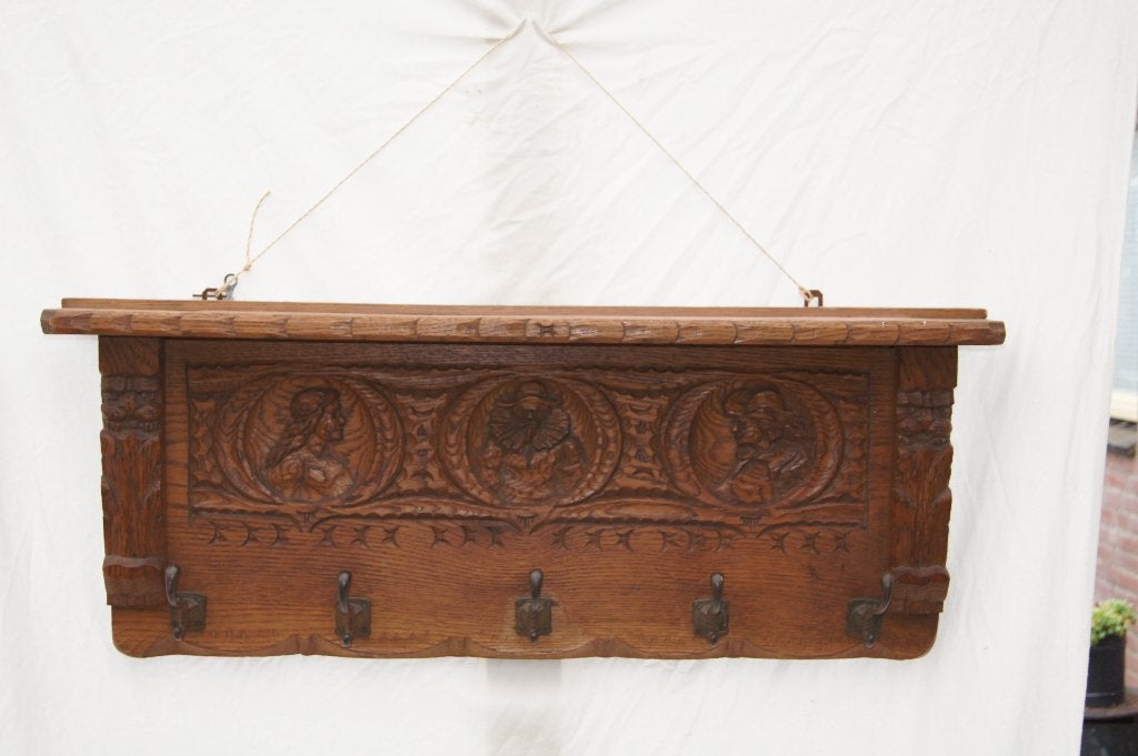 Antieke Eiken Houten Wandkapstok met Kapstokhaken, Groep mensen, Handgemaakt, Wanddecoratie, Hout