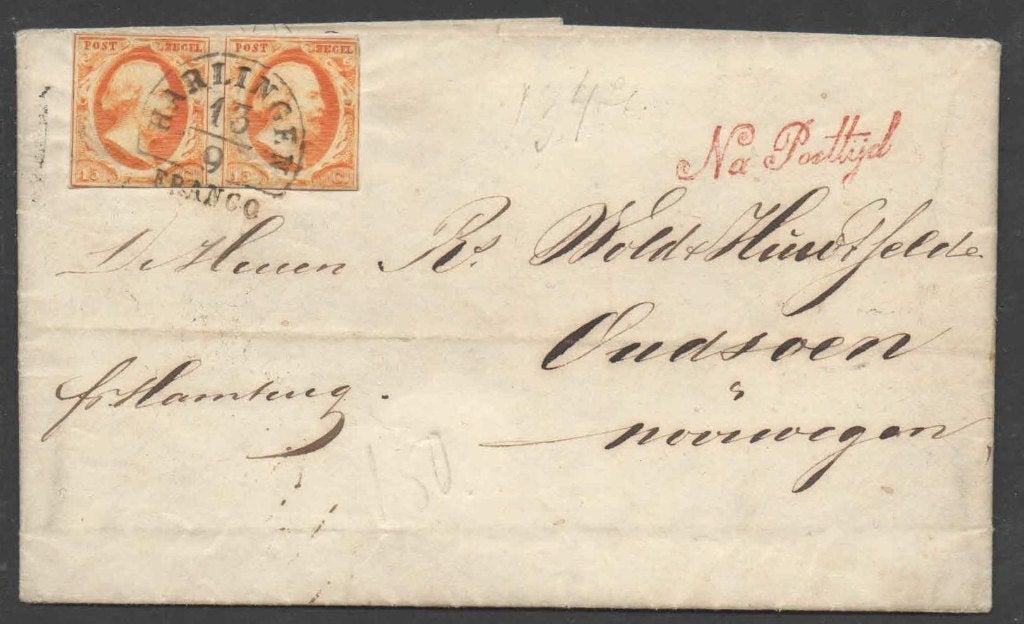 Nr 3 paar Halfrond Harlingen brief naar Noorwegen, Postzegels en Munten, Ophalen of Verzenden, Brief