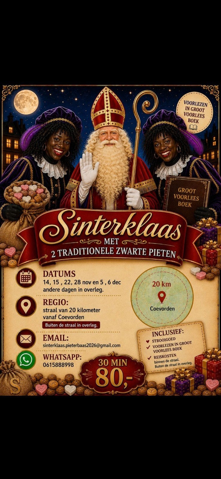 thuis bezoek met sinterklaas en 2 zwarte pieten, Diversen, Ophalen of Verzenden