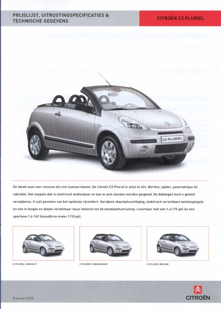 Prijslijst e.d. Citroën C3 Pluriel, februari 2005, Ophalen of Verzenden, Nieuw, Citroën
