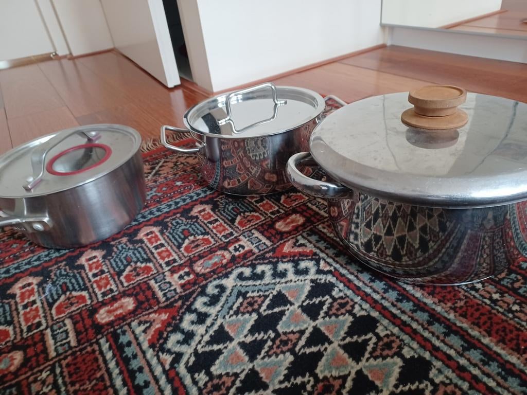 Hema Pannenset - 3 RVS pannen, geschikt voor inductie, Gebruikt, Pannenset, Ophalen of Verzenden, Rvs