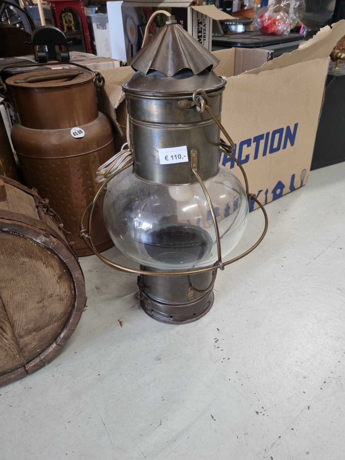 Antieke scheepslamp / lantaarn - messing en glas, Ophalen