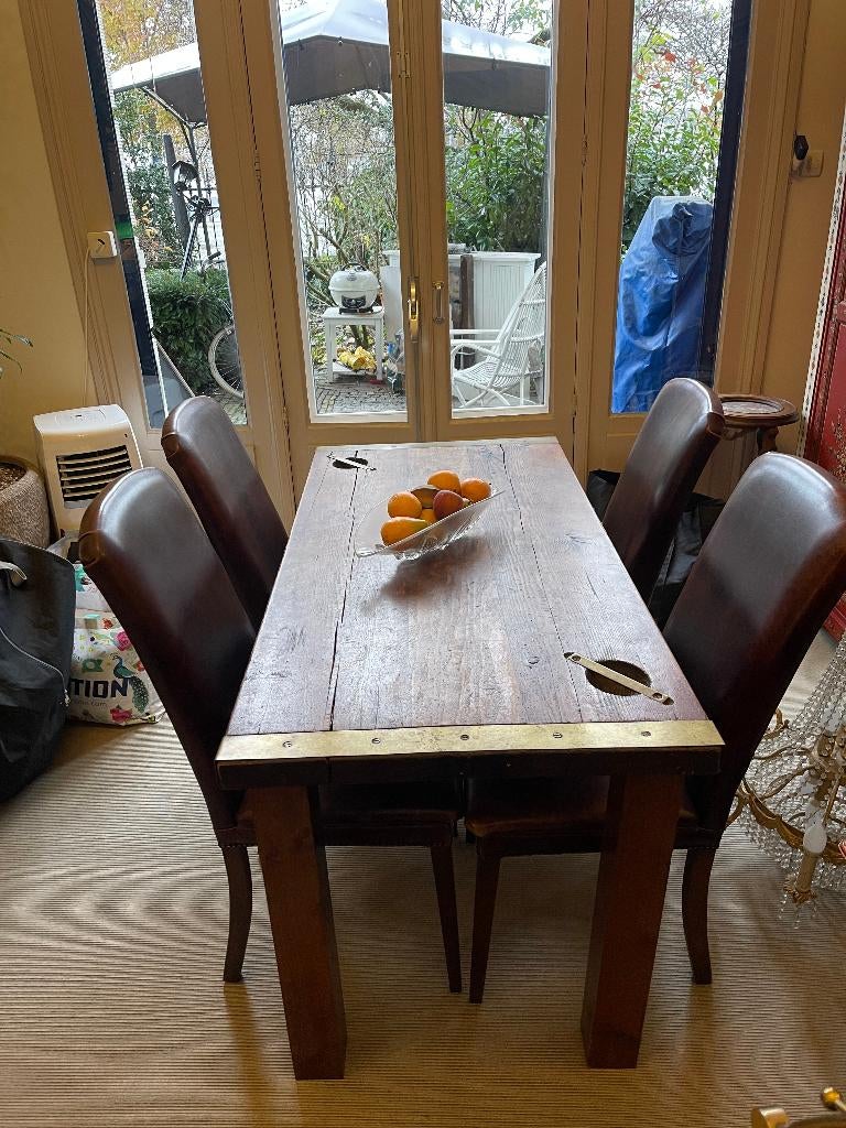 Grote Scheepstafel Dek Luik met koper en 4 leren stoelen, Ophalen, Gebruikt, Motorboot of Zeilboot, Overige typen