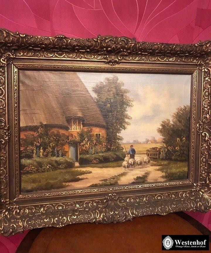 Groot schilderij landschap boerderij - olieverf op doek, Antiek en Kunst, Kunst | Schilderijen | Klassiek, Ophalen