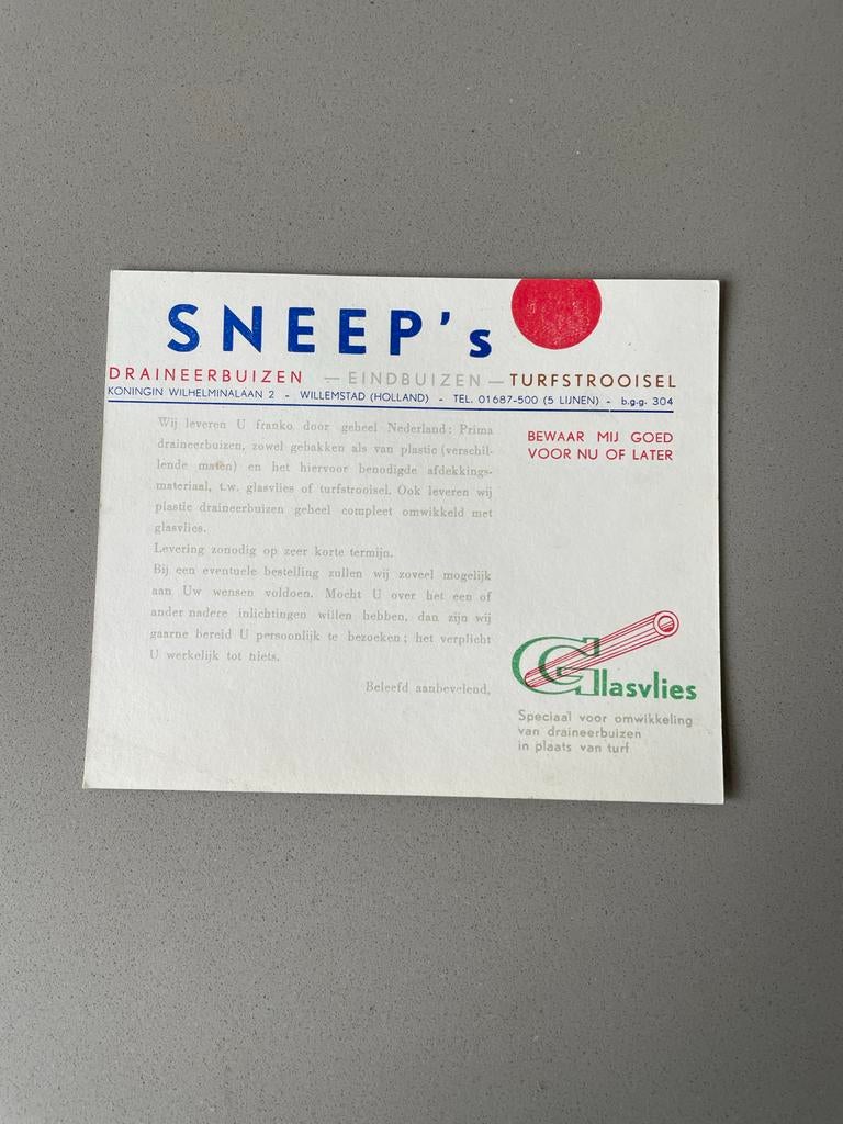 Oude reclame van Sneep's drainage buizen, Ophalen of Verzenden, Gebruikt, Reclamebord