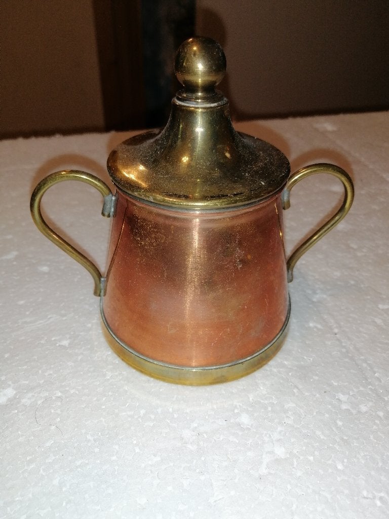 Vintage rood /geel koperen potje met deksel, H13, Antiek en Kunst, Antiek | Koper en Brons, Ophalen of Verzenden, Koper