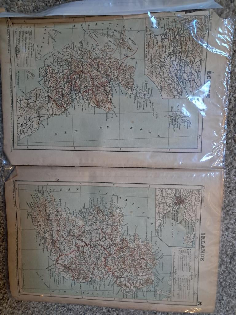 Oude landkaarten Schotland & Ierland uit Franse atlas, Boeken, Atlassen en Landkaarten, Gelezen, Verenigd Koninkrijk, Ophalen of Verzenden