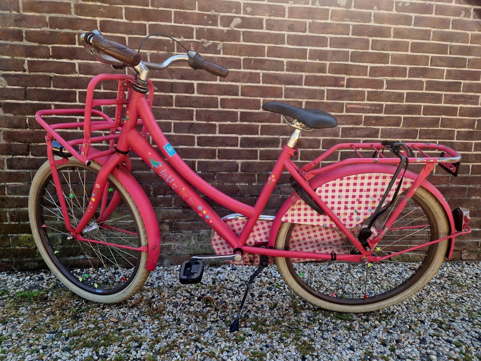 Roze meisjesfiets 24 inch met voordrager en bagagedrager, Ophalen, Terugtraprem, Onbekend, Gebruikt