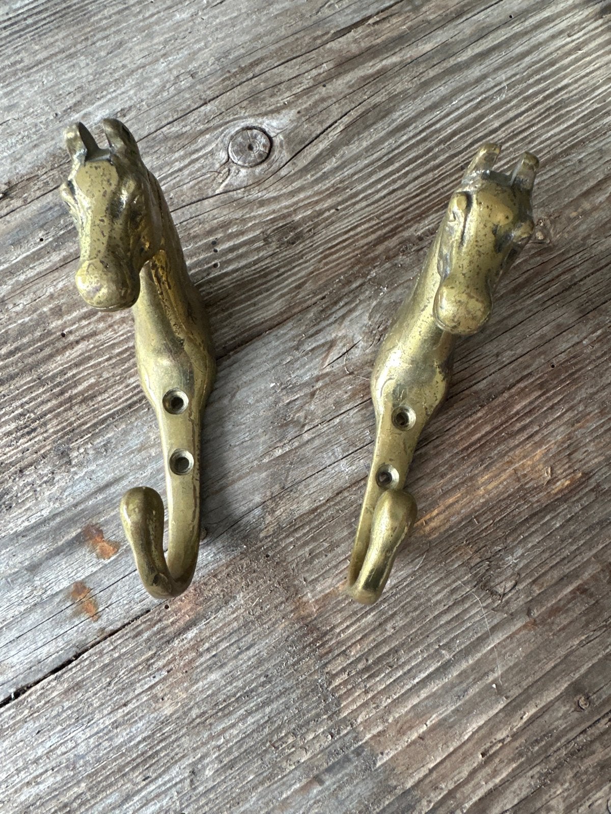 Set van 2 vintage messing paardenhoofd wandhaken, Ophalen, Gebruikt, Wandhaken, Minder dan 100 cm