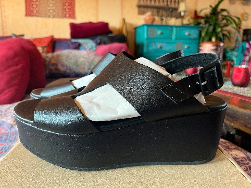 Nieuwe leren plateau sandalen van Shabbies 39 nu voor 69,99€, Shabbies Amsterdam, Zwart, Lage of Enkellaarzen, Nieuw