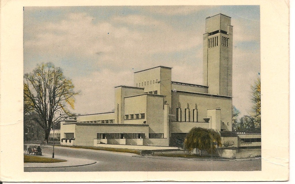 Ansichtkaart Raadhuis Hilversum 1955, Ophalen of Verzenden, 1940 tot 1960, Gelopen, Noord-Holland