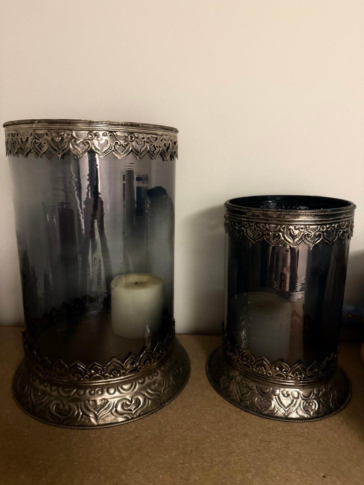 Set van 2 windlichten met glas en RVS in verschillende hoogt, Huis en Inrichting, Ophalen, Windlicht, Gebruikt, Glas