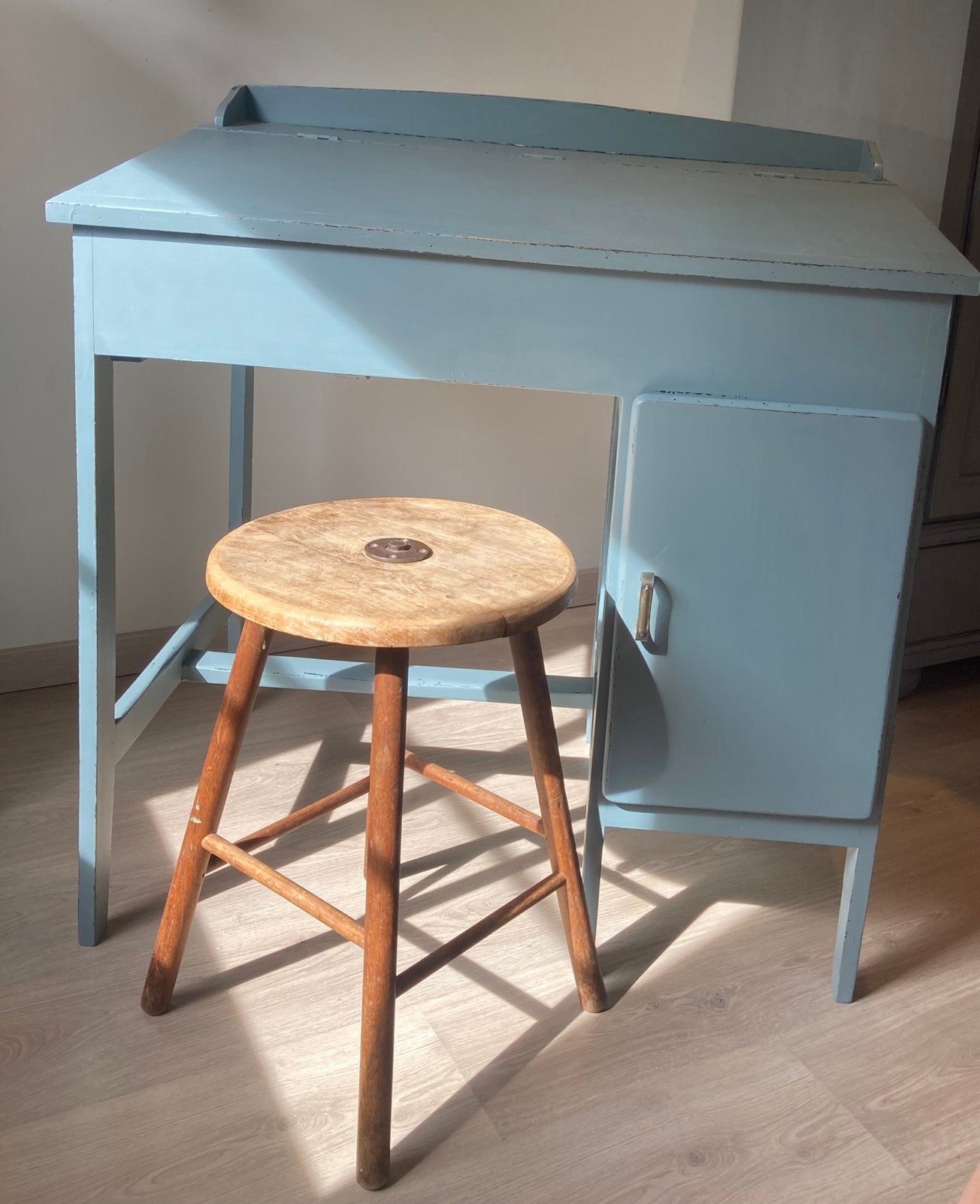Vintage schoolbankje blauw/groen bureau, Ophalen