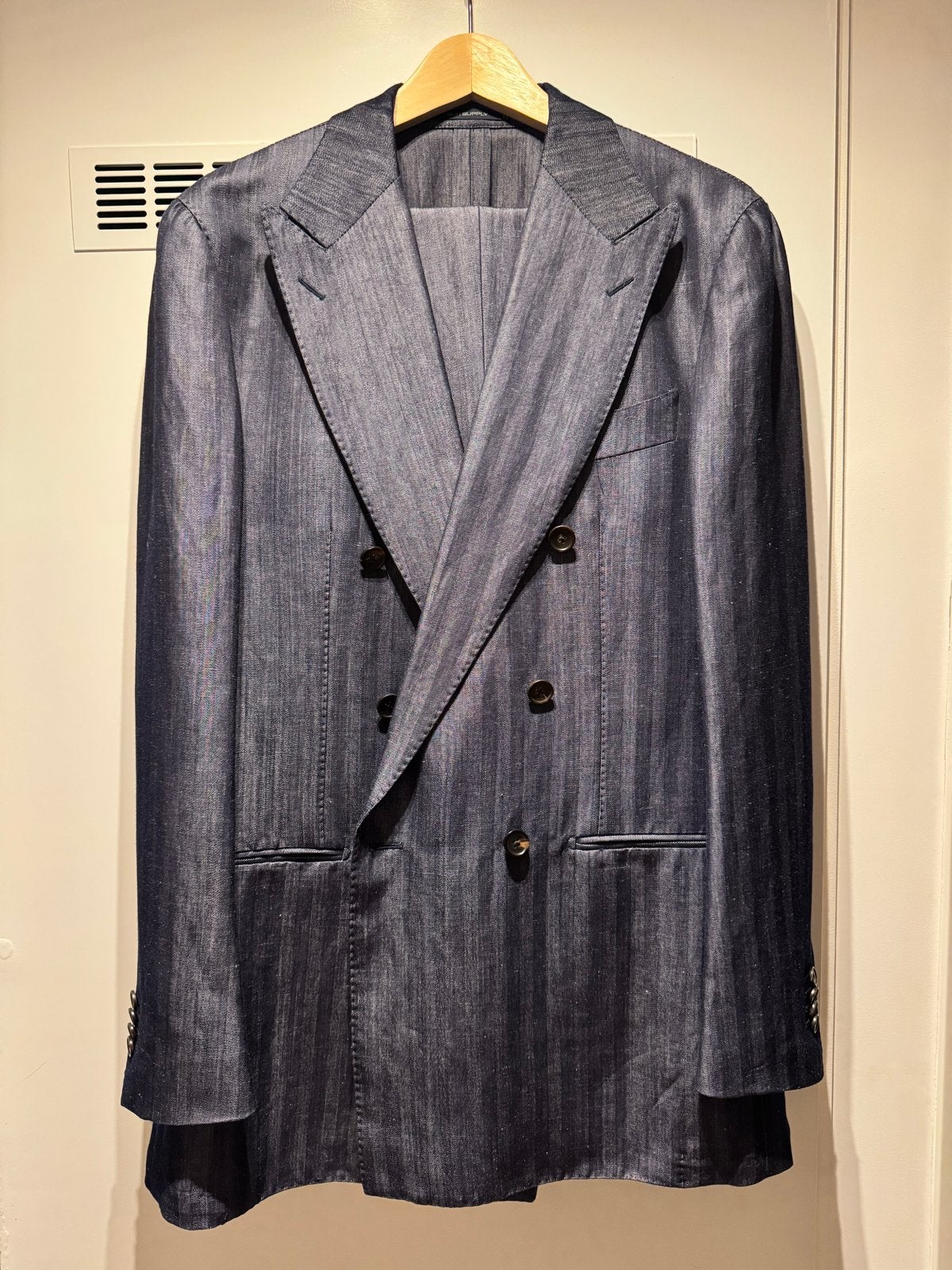 Suitsupply Havana/Soho zomerpak - denimblauw wol/linnen, Ophalen of Verzenden, Gedragen, Maat 52/54 (L), Blauw