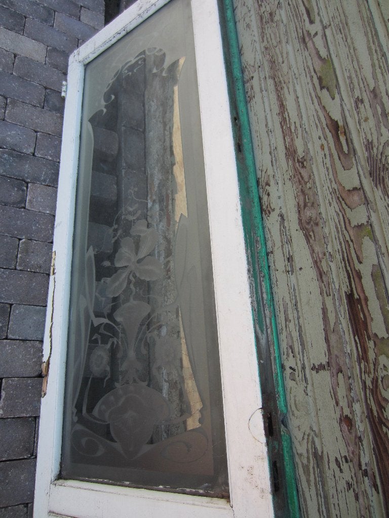 145hx52,5br Glasplaat met prachtig ge-etst glas, jugendstil, Antiek en Kunst, Antiek | Glas en Kristal, Ophalen