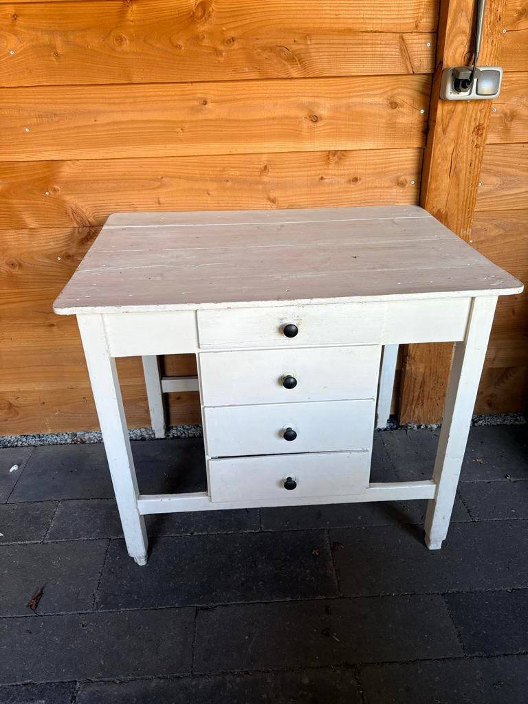 Brocante Keuken Bijzettafel met Lades - Wit Hout, Ophalen