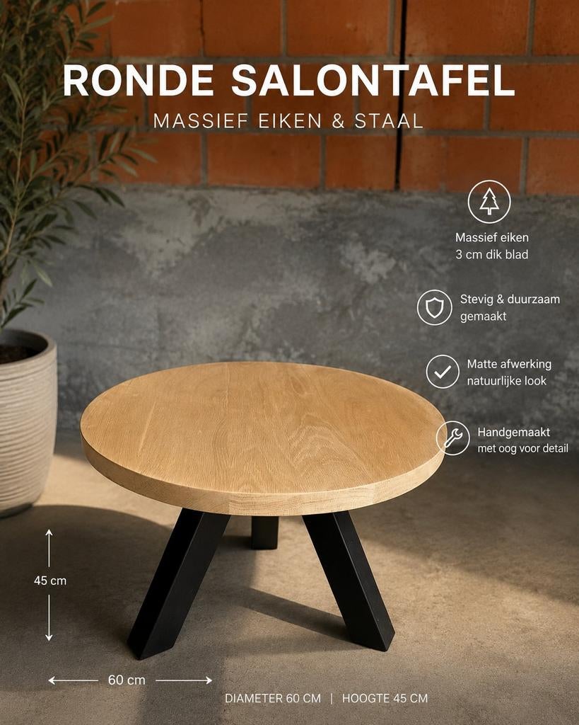 Ronde salontafel van eikenhout met zwart metalen poten, Huis en Inrichting, Tafels | Salontafels, Ophalen, 50 tot 100 cm, Modern, Industrieel