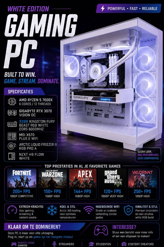️ High-End White Gaming PC - RTX 3070, 32 GB, Custom Build, Zo goed als nieuw, Gaming