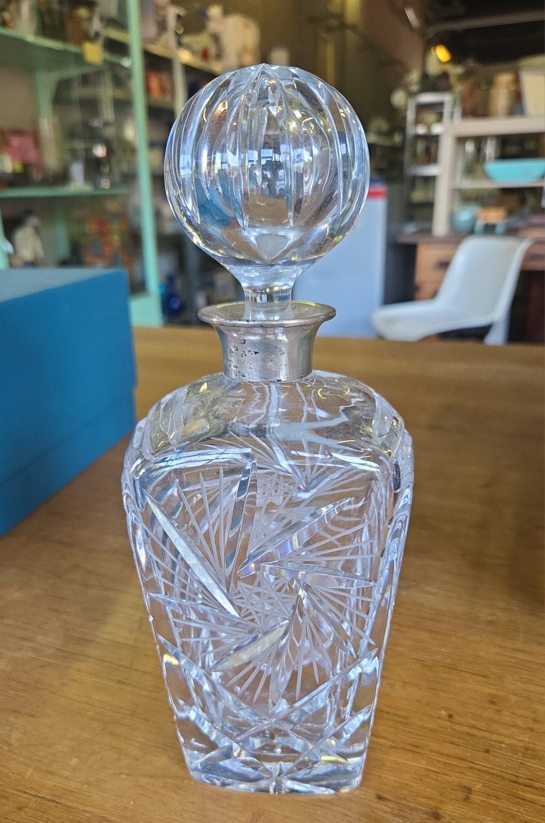 Antieke karaf van zilver en geslepen kristal, Ophalen of Verzenden