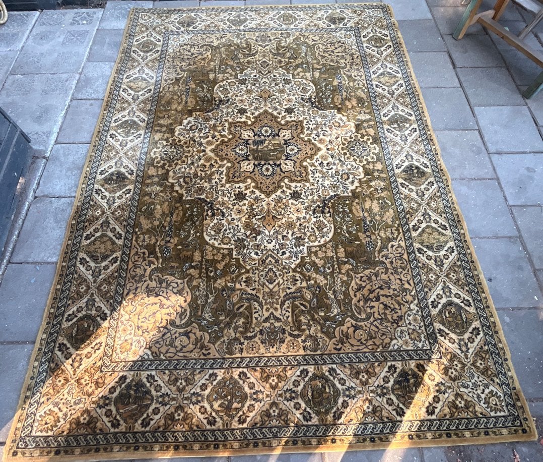 Vintage Oosters Tapijt - Groen/Bruin met Medaillon Patroon, Ophalen, Gebruikt, 150 tot 200 cm, 200 cm of meer