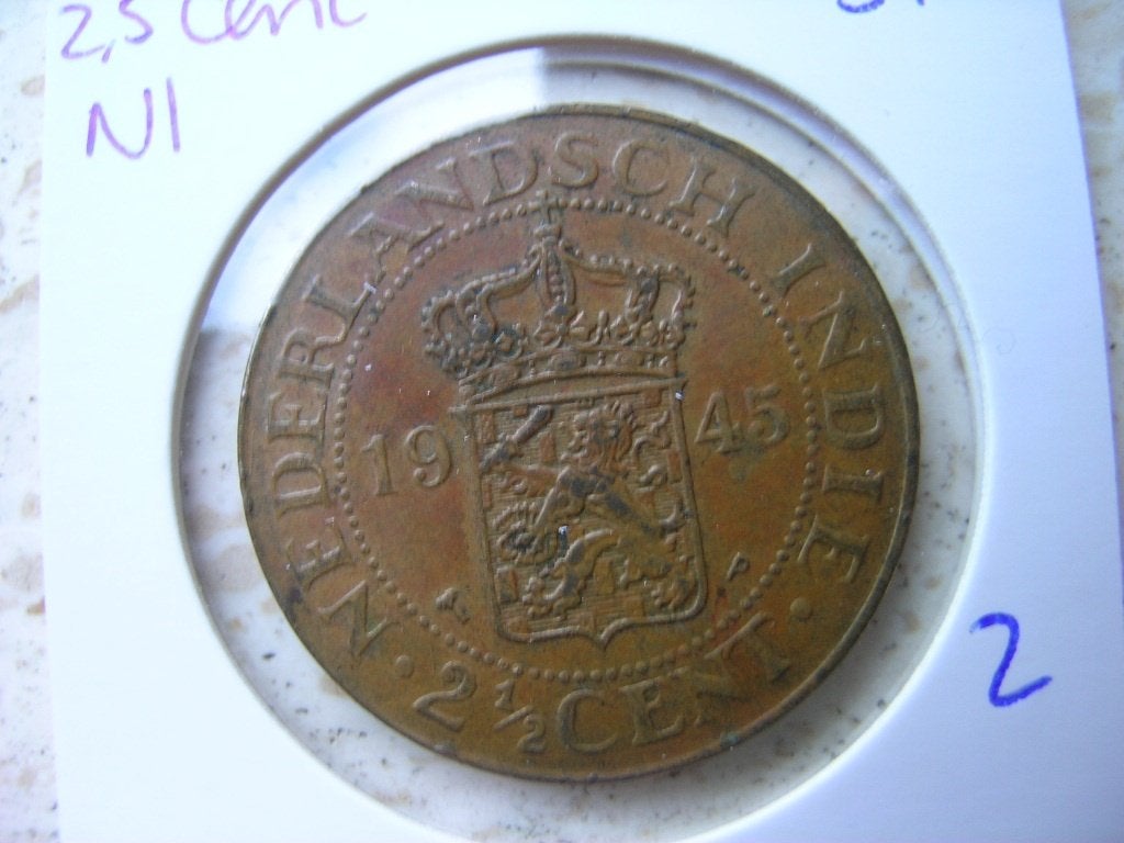 2,5 Cent 1945 Nederlands Indie (nr 2), Postzegels en Munten, Munten | Nederland, Ophalen of Verzenden, Koningin Wilhelmina, Overige waardes