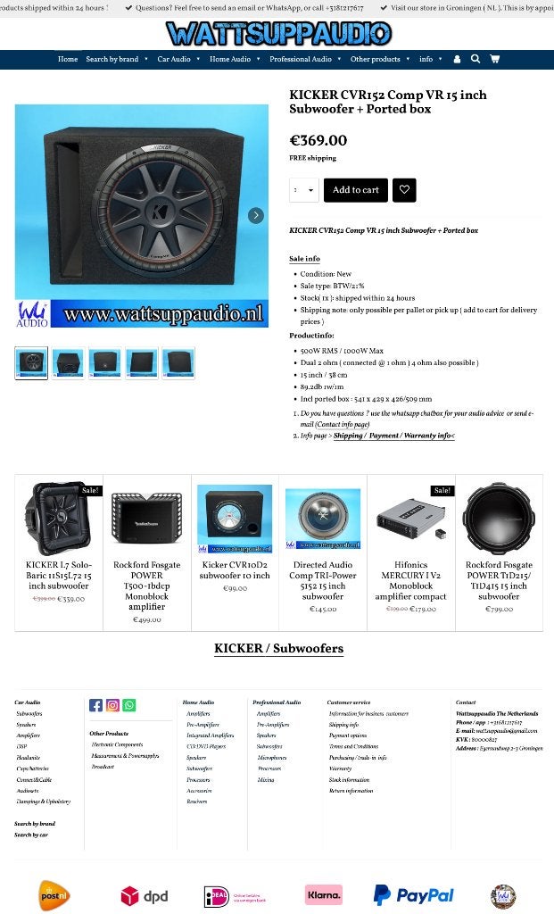 KICKER CVR152 Comp VR 15 inch Subwoofer + Gepoorte kist, Auto diversen, Autospeakers, Audio Design, Nieuw, Am Breilingsweg 3, 76709 Kronau, Duitsland