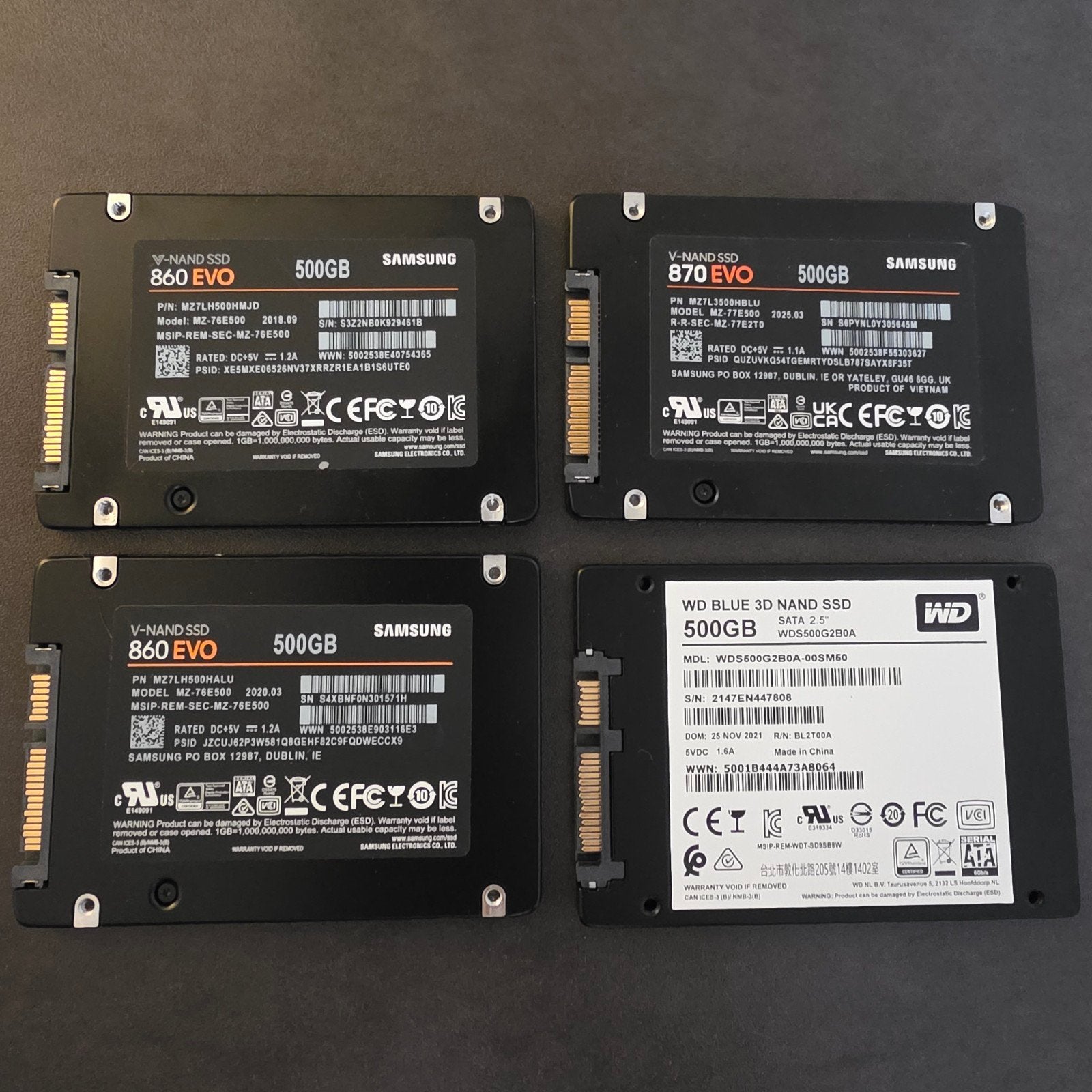 Partij van 3x 500GB SSD's (Samsung EVO 860 & WD Blue), Computers en Software, Harde schijven, Intern, Ophalen of Verzenden, Zo goed als nieuw