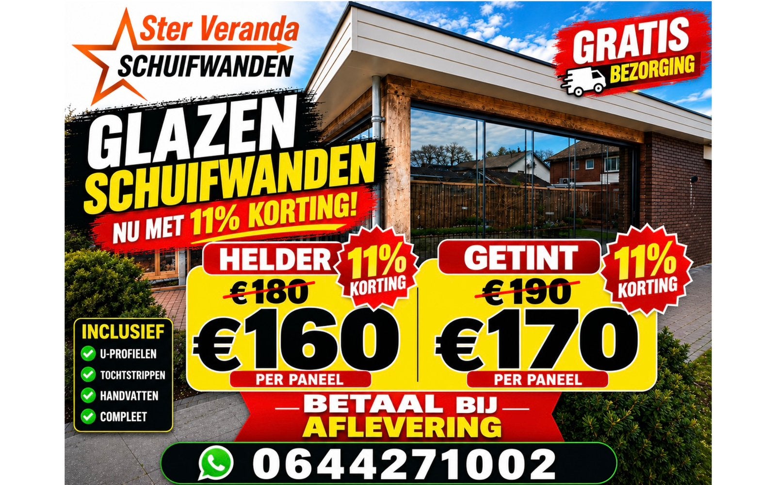 Veranda - Glazen Schuifwanden  Helder & Getint Glas, Info@sterveranda.nl, Ophalen of Verzenden, Veranda, Ster Veranda Schuifwanden