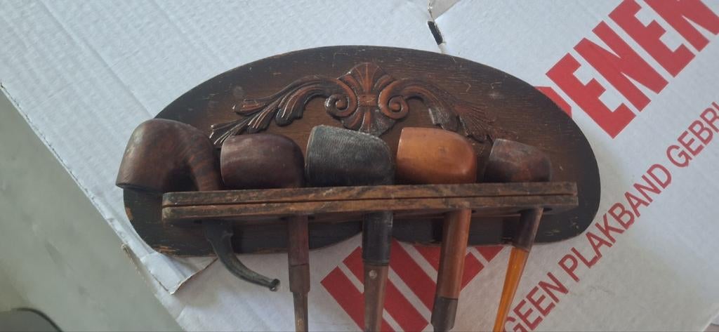 Vintage Pijpenrek met 5 Houten Pijpen, Verzamelen, Ophalen of Verzenden, Gebruikt, (Water)pijp