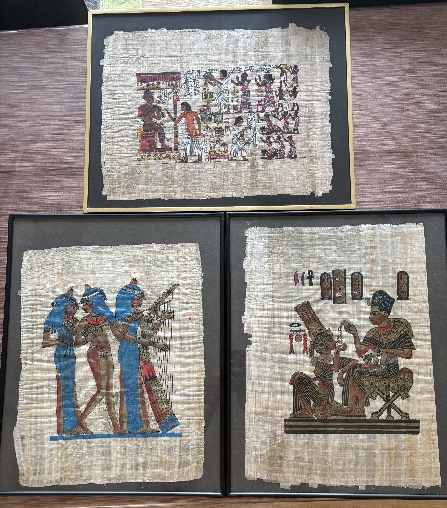 Egyptische papyrus kunst (3 stuks) – Ingelijst met glas, Antiek en Kunst, Ophalen of Verzenden