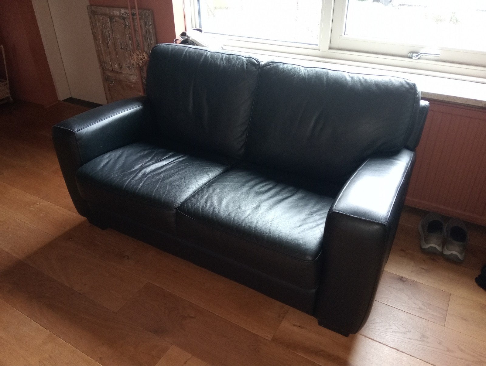 Zwart leren 2-zits bankstel, Ophalen, Gebruikt, 150 tot 200 cm, Tweepersoons