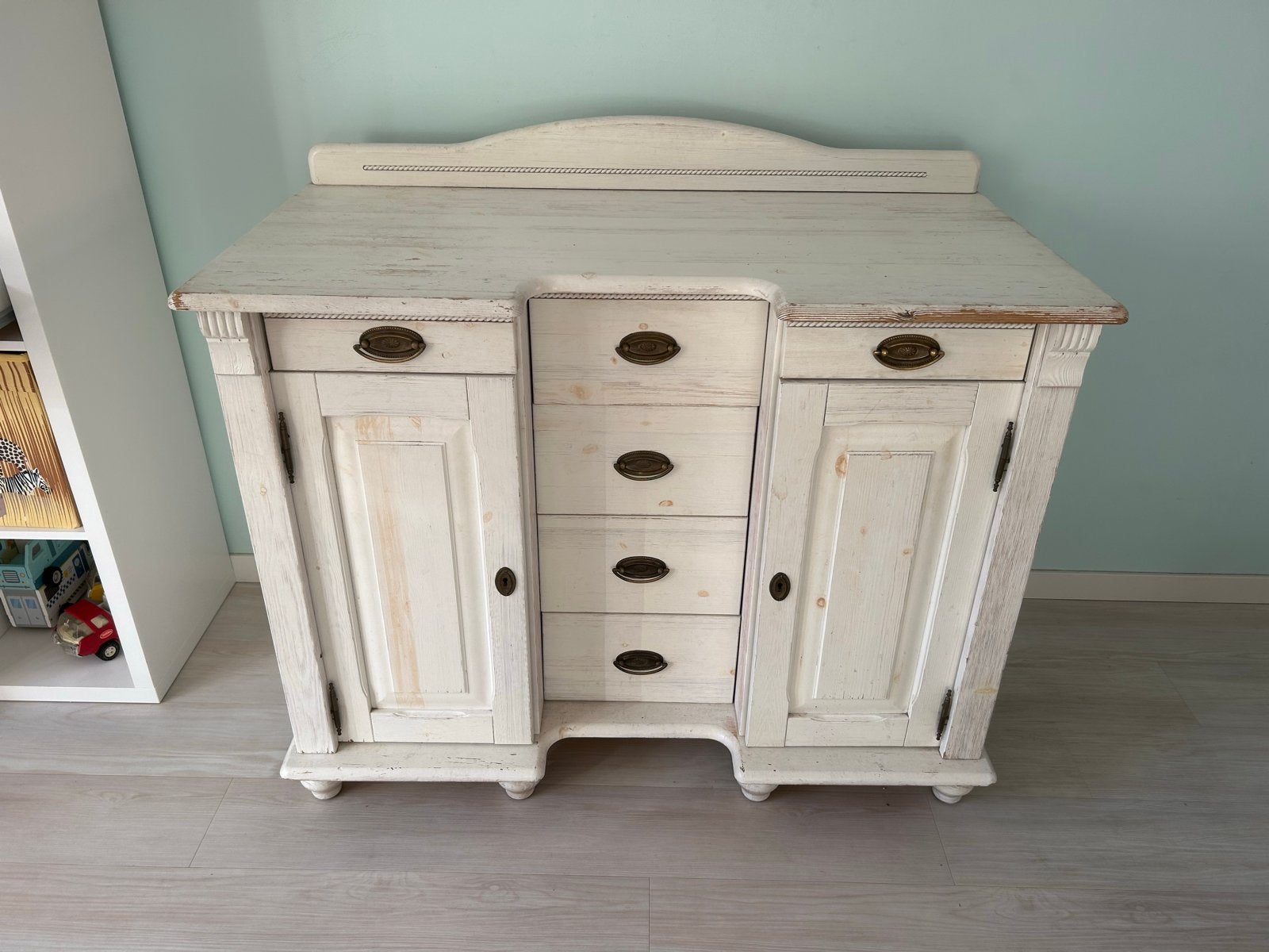 Set: commode, ledikant en plank in wit eikenhout, Ophalen, Gebruikt, 50 tot 70 cm, 100 cm of meer
