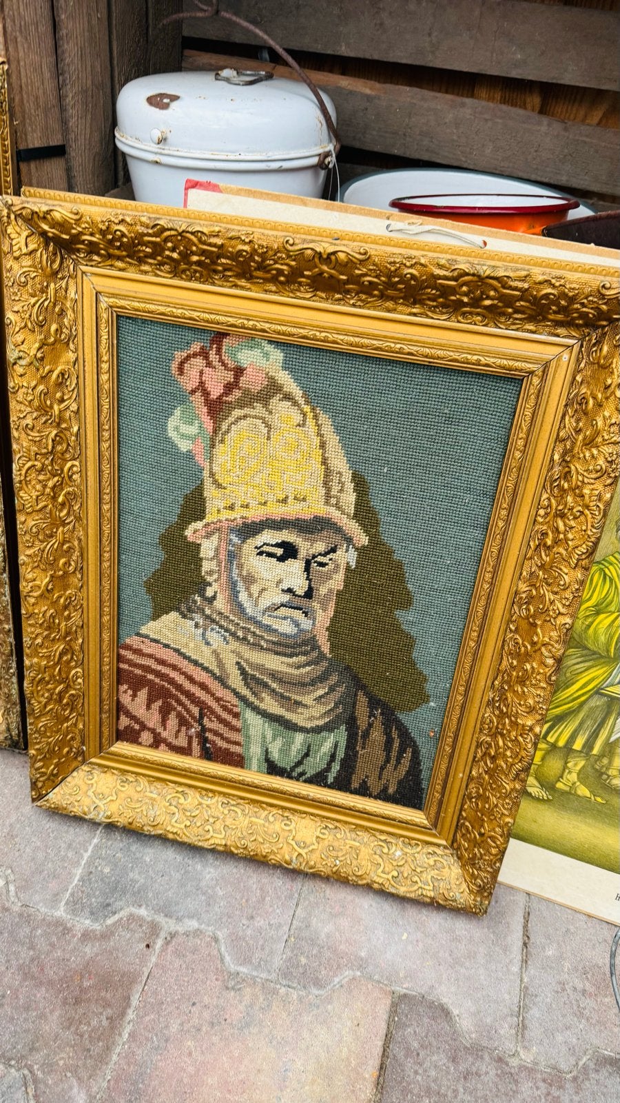 Vintage ingelijst borduurwerk van een man met helm, Ophalen of Verzenden