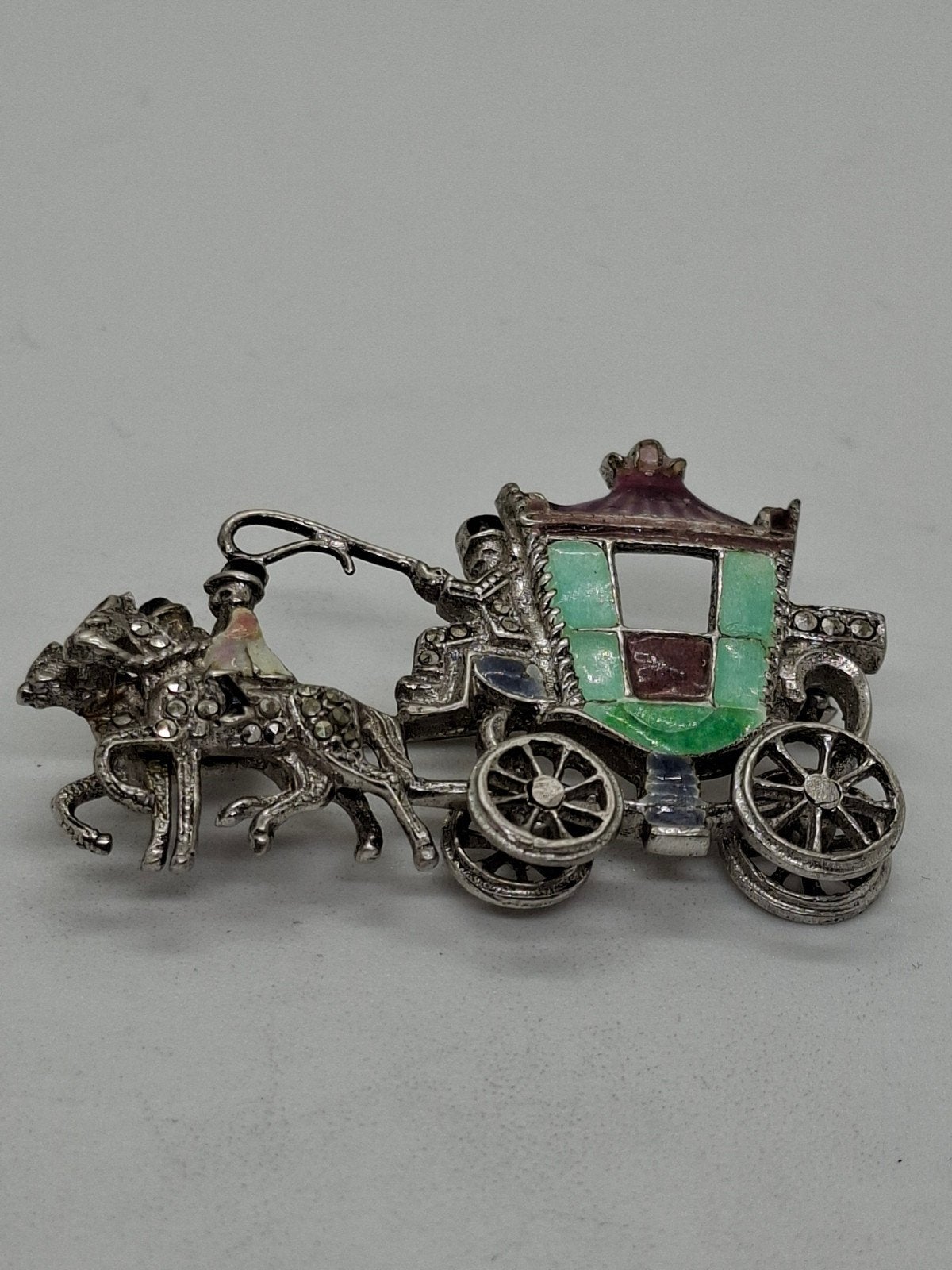 Antieke Zilveren Koets Broche met Emaille, Jaren '20, Ophalen of Verzenden, Zilver
