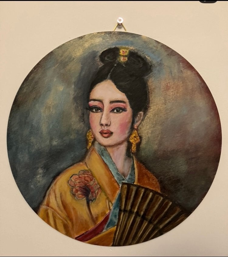 Uniek kunstwerk  vrouw geisha, Acrylverf, Hout, Verzenden, Gesigneerd