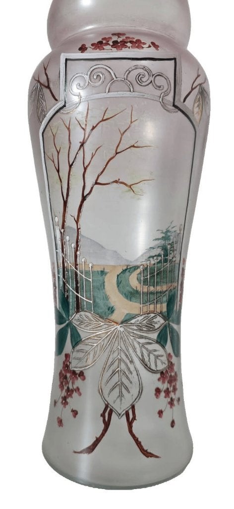 Opaline Art nouveau vaas met emaillen decoratie., Ophalen of Verzenden